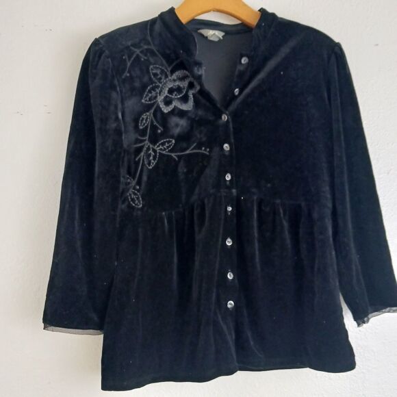 J. Jill Black Velvet Floral Embroidered Button Front Long Sleeve Top size XS - Picture 1 of 5